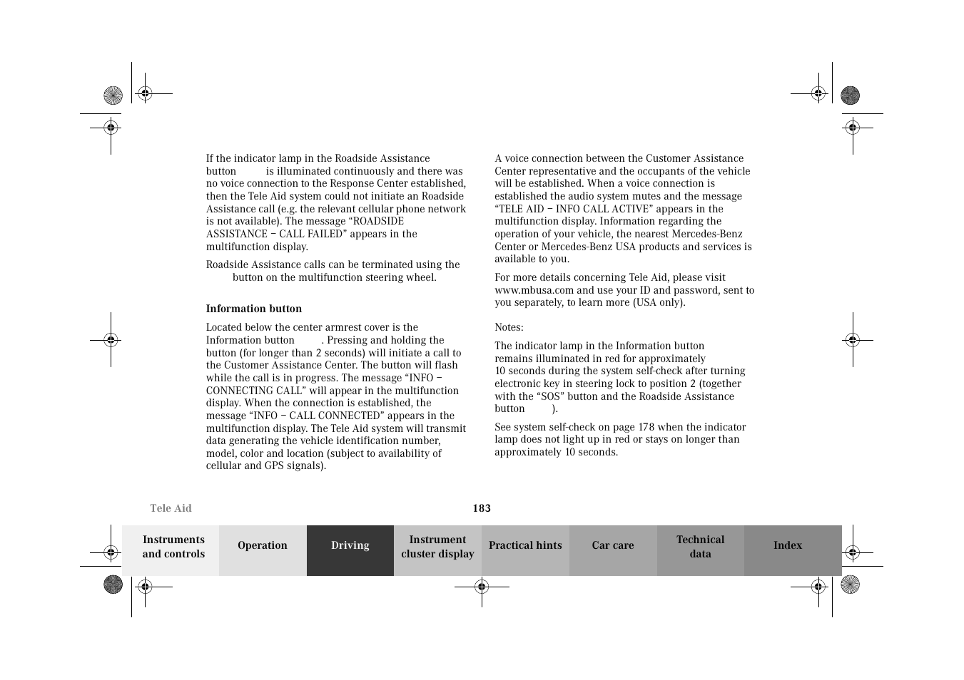 Tele aid:information | Mercedes-Benz 2002 E 55 AMG User Manual | Page 186 / 350