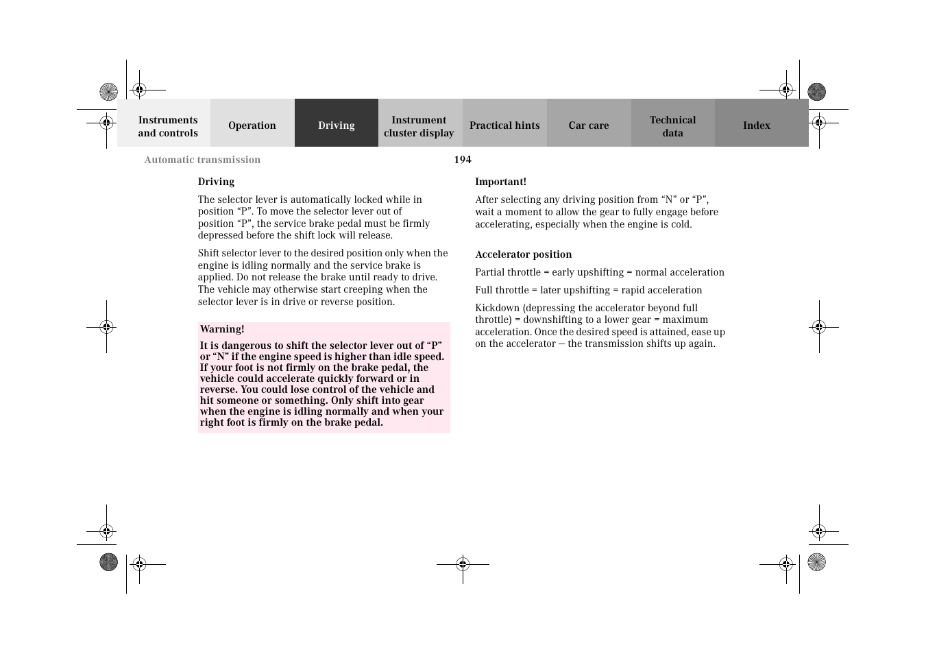 Driving, Accelerator position | Mercedes-Benz 2002 E 55 AMG User Manual | Page 197 / 350