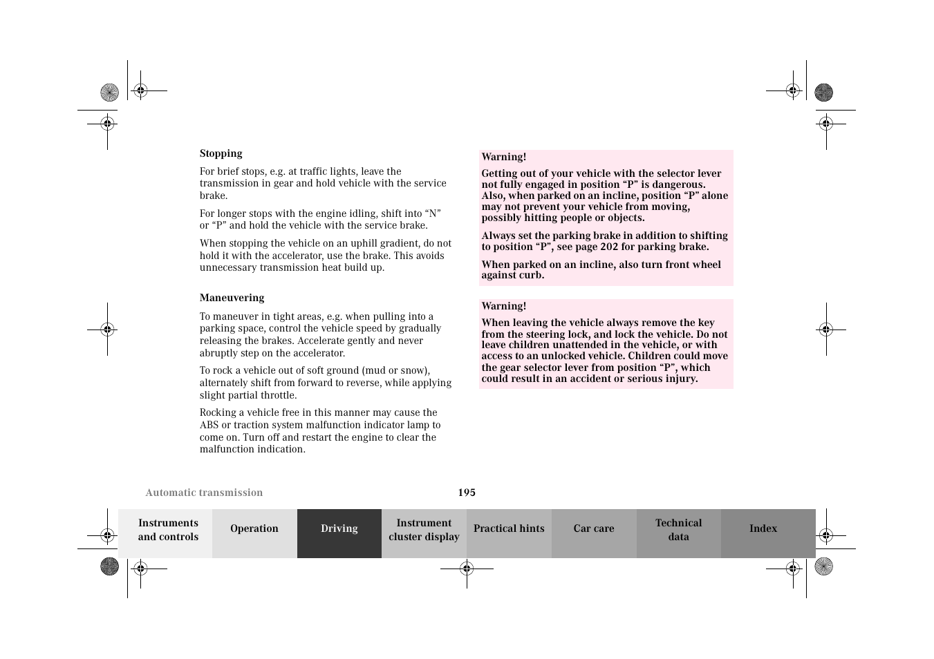 Stopping, Maneuvering | Mercedes-Benz 2002 E 55 AMG User Manual | Page 198 / 350