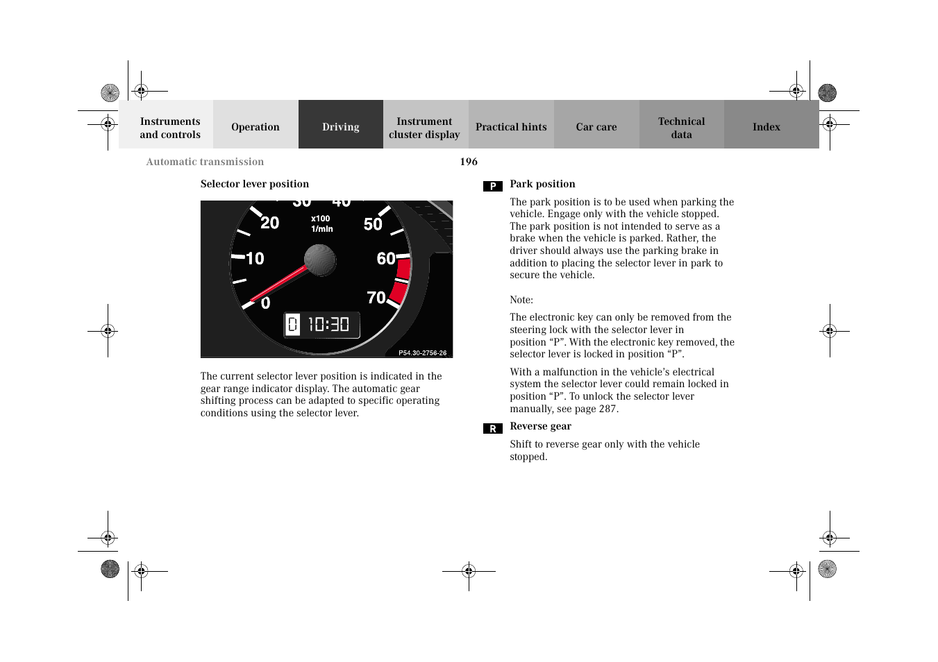 Automatic transmission:selector lever position | Mercedes-Benz 2002 E 55 AMG User Manual | Page 199 / 350