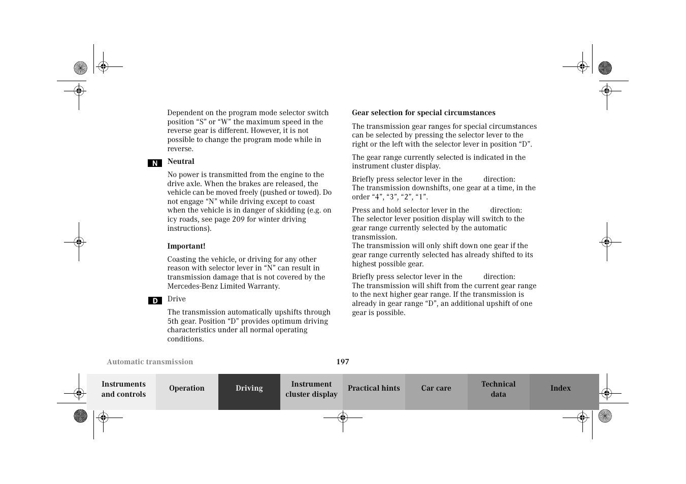 Gear selection for special circumstances | Mercedes-Benz 2002 E 55 AMG User Manual | Page 200 / 350