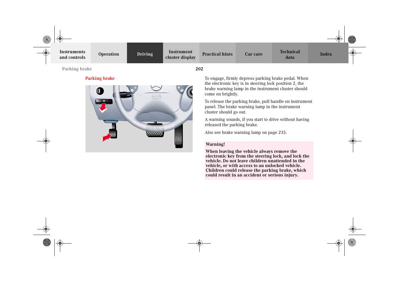 Parking brake | Mercedes-Benz 2002 E 55 AMG User Manual | Page 205 / 350