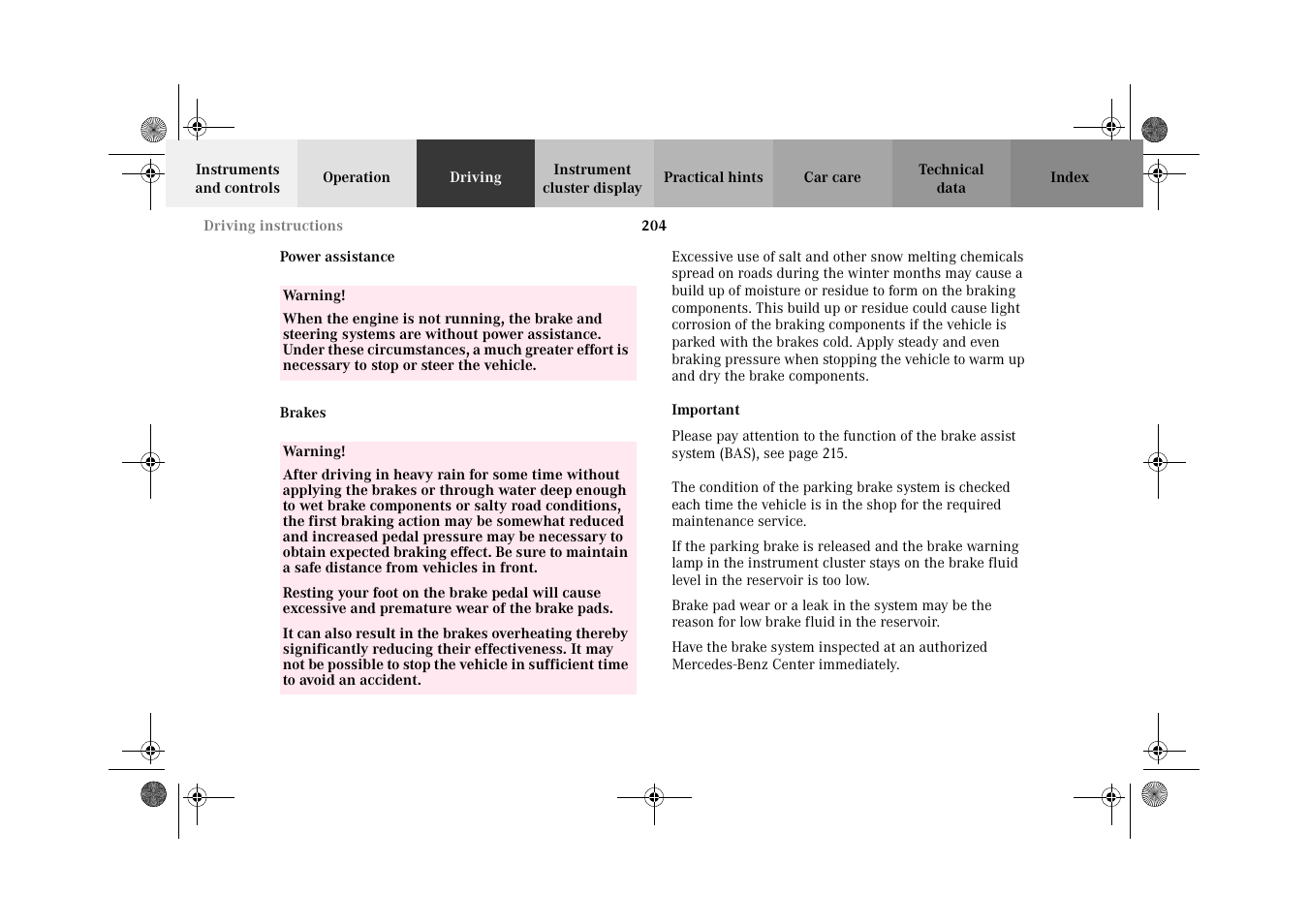 Power assistance, Brakes, Power assistance brakes | Mercedes-Benz 2002 E 55 AMG User Manual | Page 207 / 350