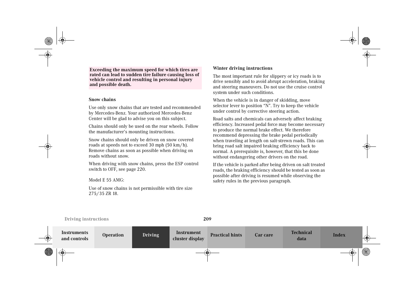 Snow chains, Winter driving instructions, Snow chains winter driving instructions | Mercedes-Benz 2002 E 55 AMG User Manual | Page 212 / 350