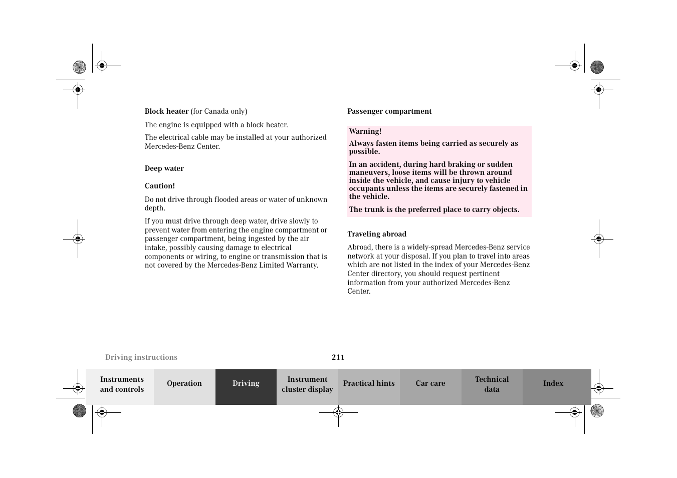Block heater, Deep water, Passenger compartment | Traveling abroad | Mercedes-Benz 2002 E 55 AMG User Manual | Page 214 / 350