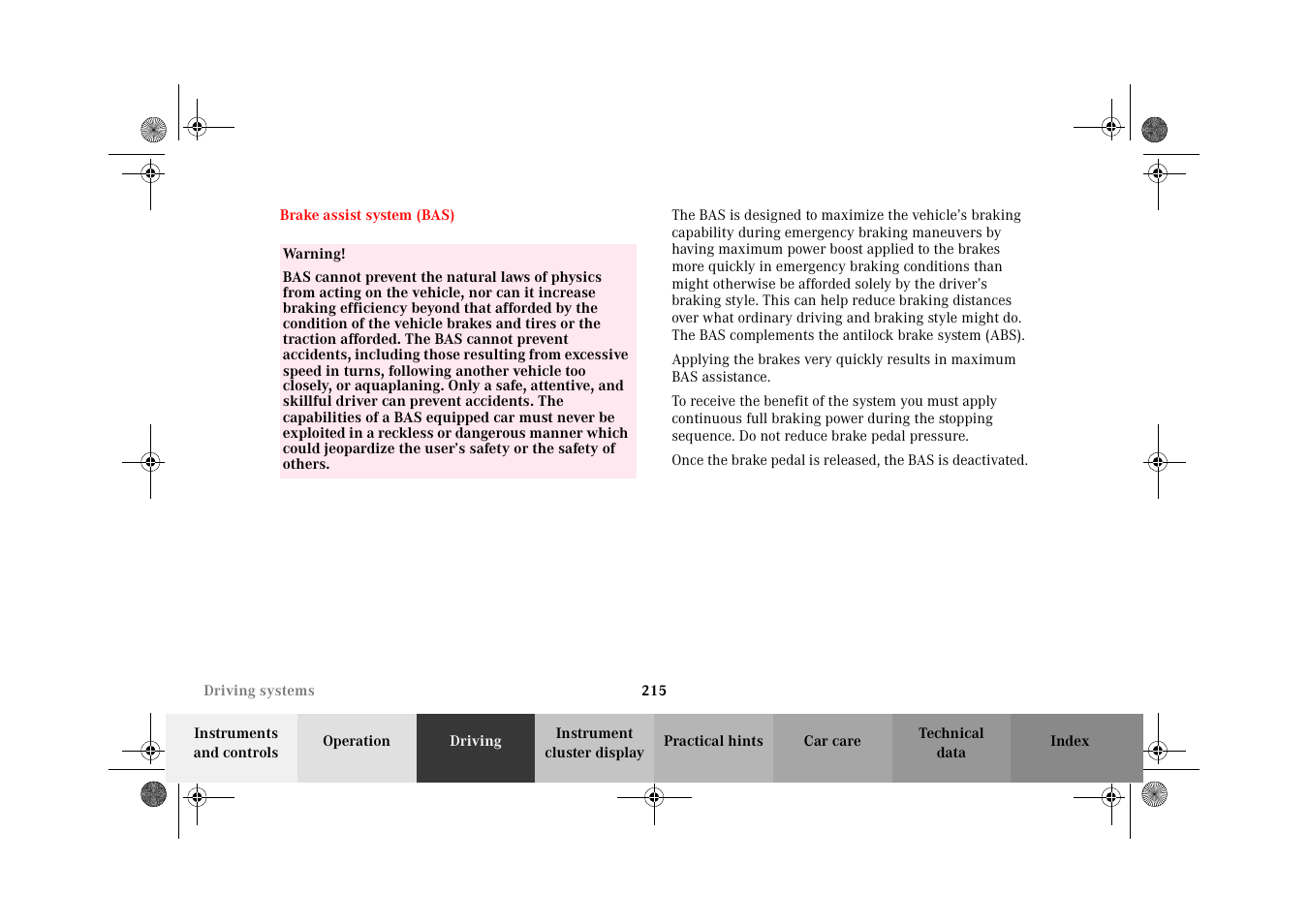 Brake assist system (bas), Brake assist system, Bas) | Mercedes-Benz 2002 E 55 AMG User Manual | Page 218 / 350