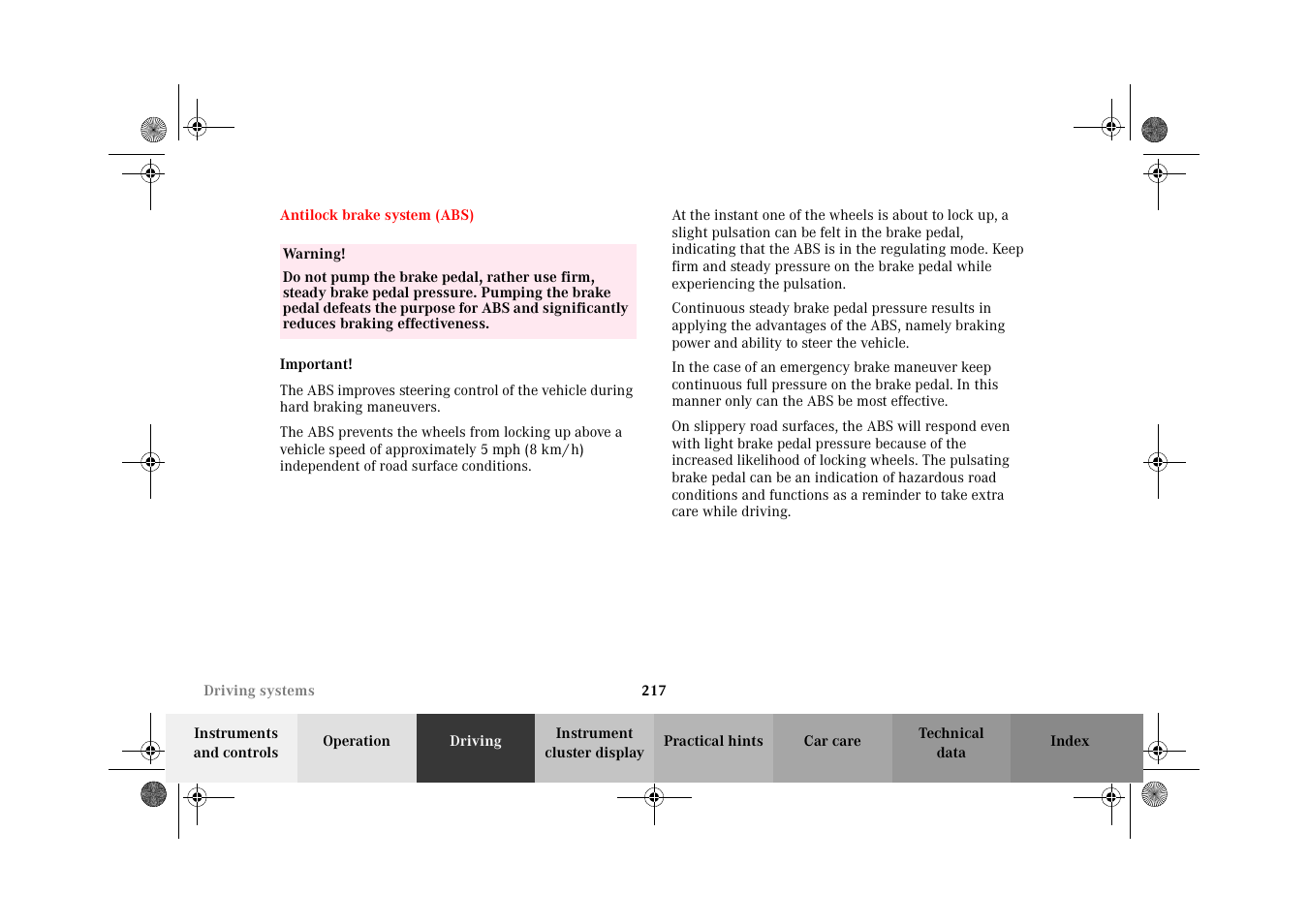 Antilock brake system (abs), Antilock brake system, Abs) | Mercedes-Benz 2002 E 55 AMG User Manual | Page 220 / 350
