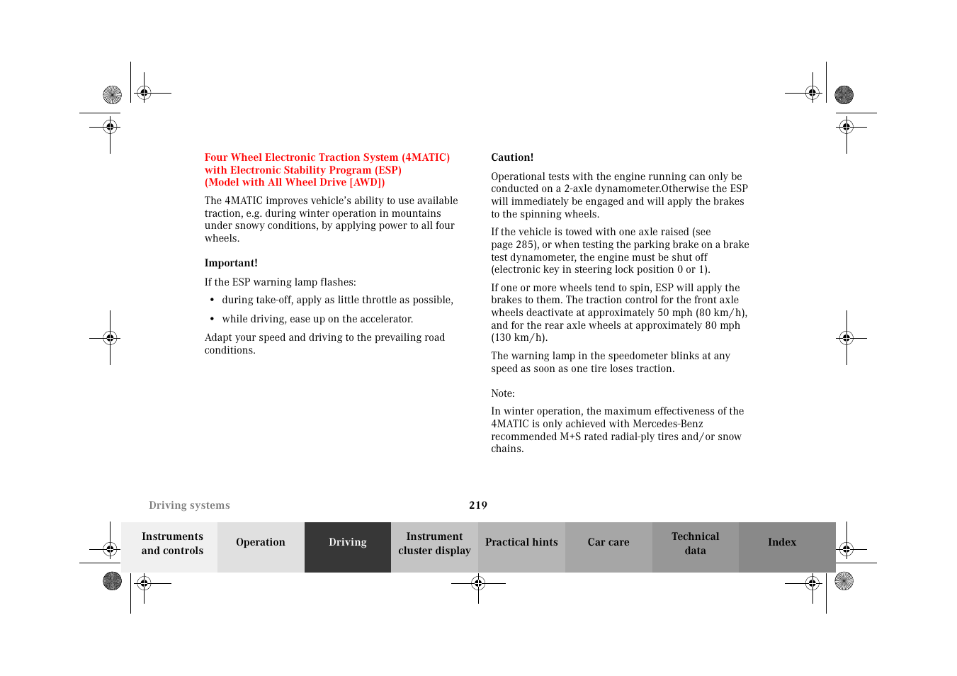 Four wheel electronic traction system (4matic), Four wheel electronic traction, System (4matic) | Mercedes-Benz 2002 E 55 AMG User Manual | Page 222 / 350