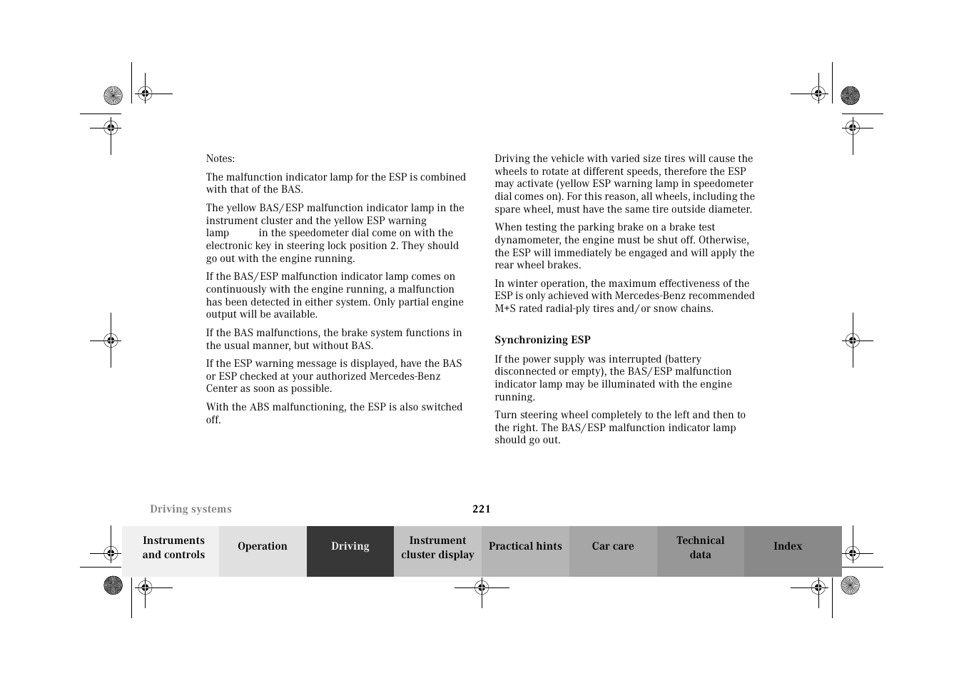 Esp (electronic stability program):synchronizing | Mercedes-Benz 2002 E 55 AMG User Manual | Page 224 / 350