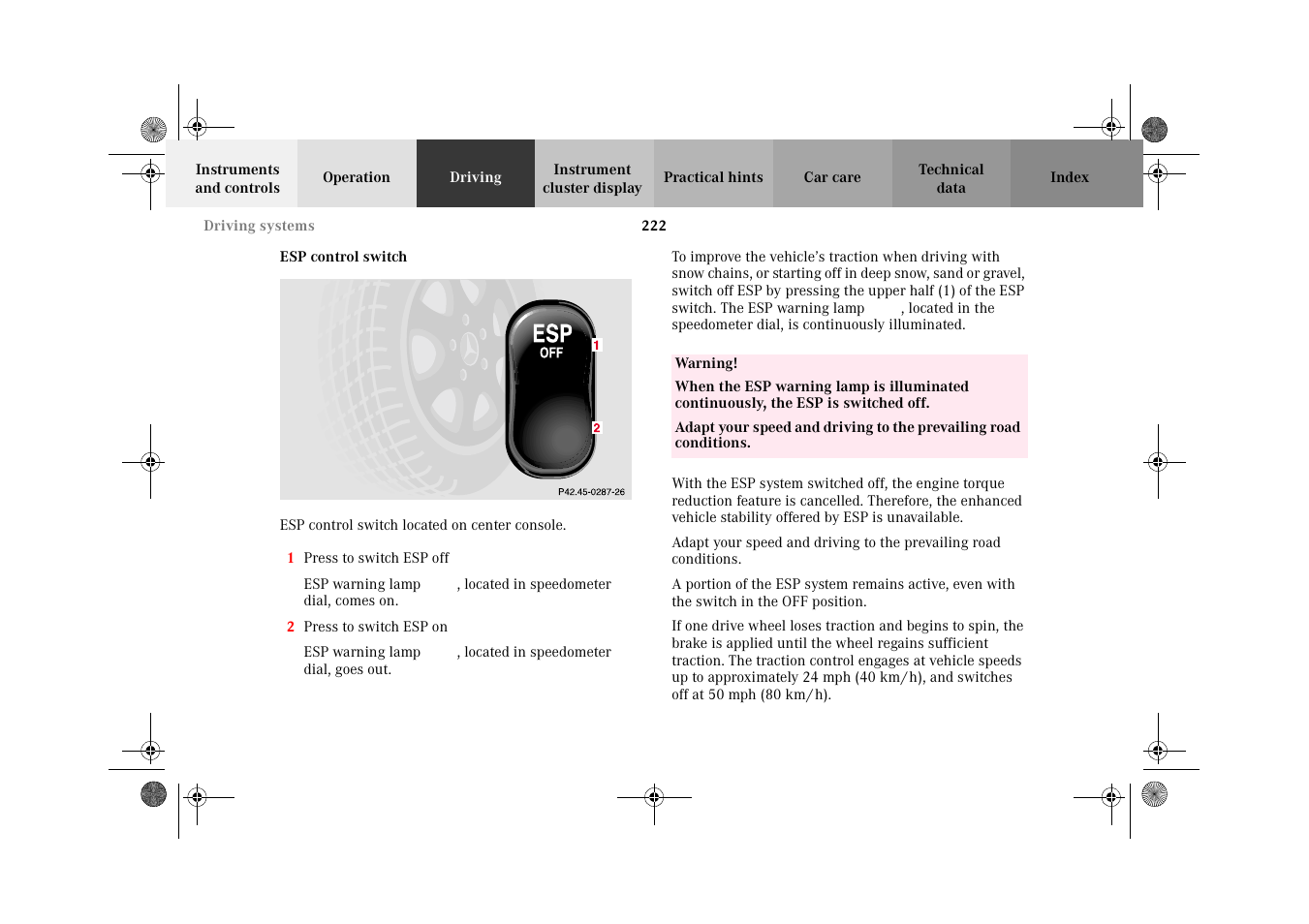 Esp (electronic stability program):control switch | Mercedes-Benz 2002 E 55 AMG User Manual | Page 225 / 350