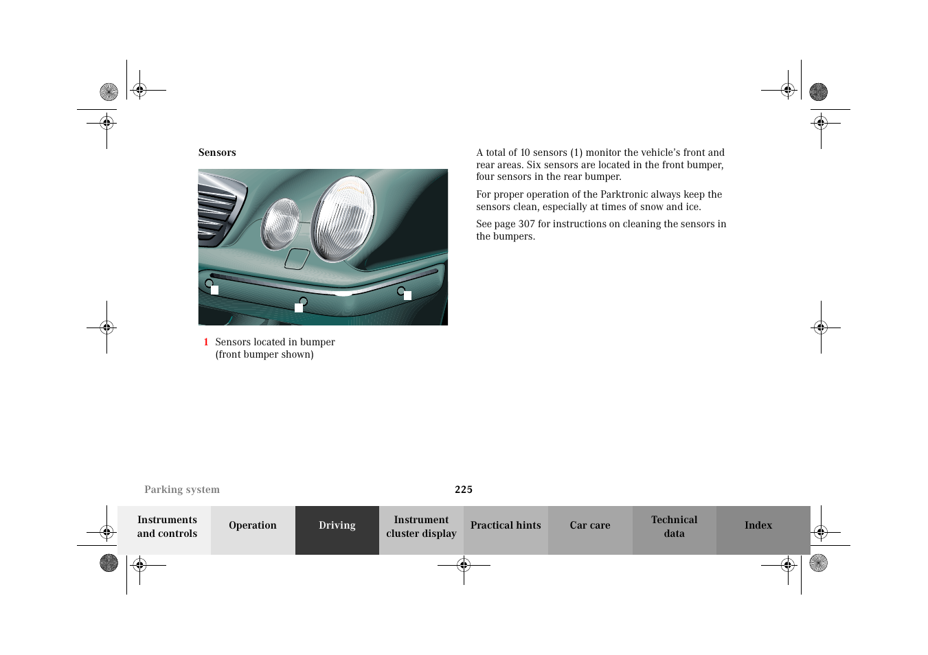 Parking assist (parktronic):sensors | Mercedes-Benz 2002 E 55 AMG User Manual | Page 228 / 350