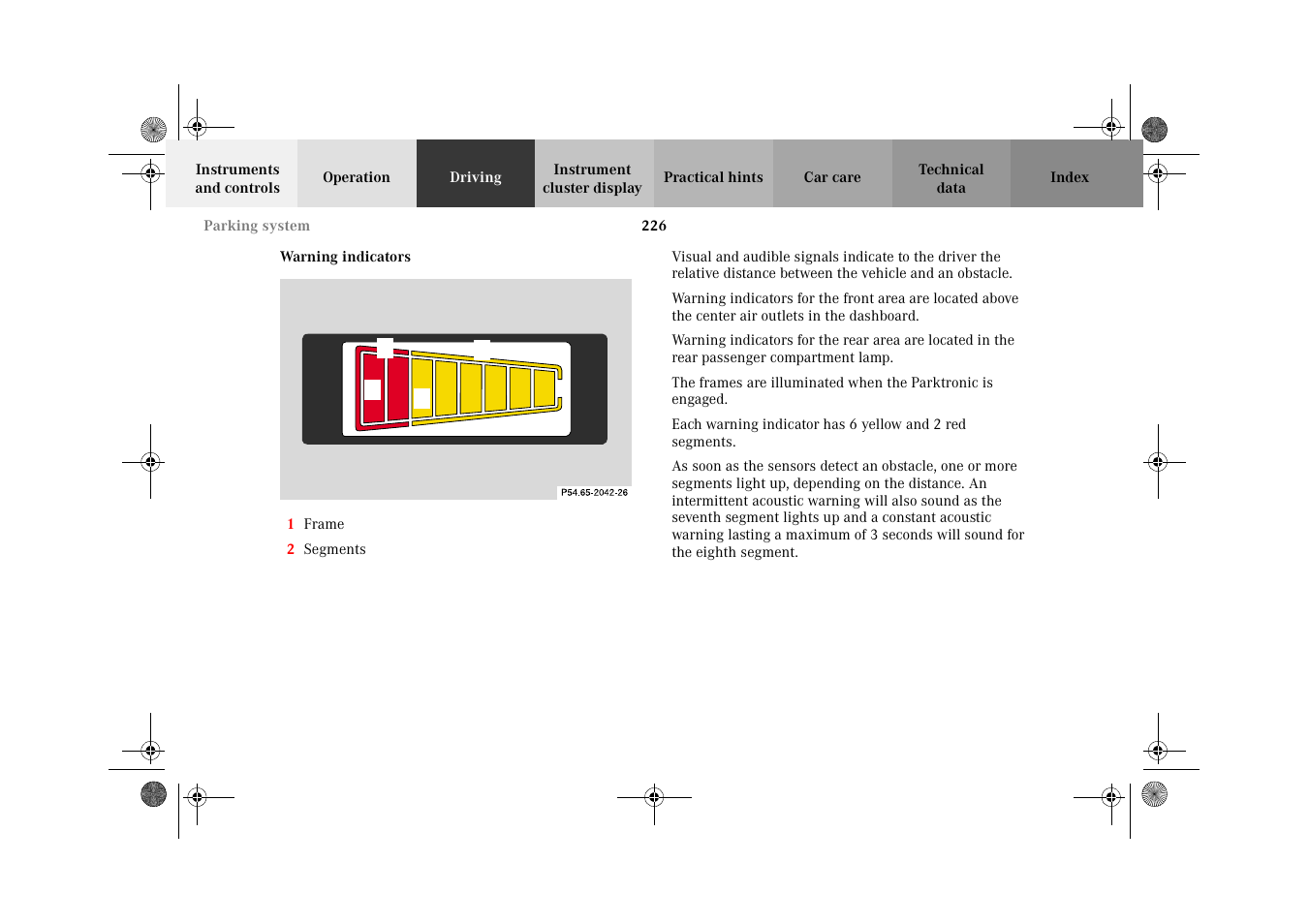 Parking assist (parktronic):warning indicators | Mercedes-Benz 2002 E 55 AMG User Manual | Page 229 / 350