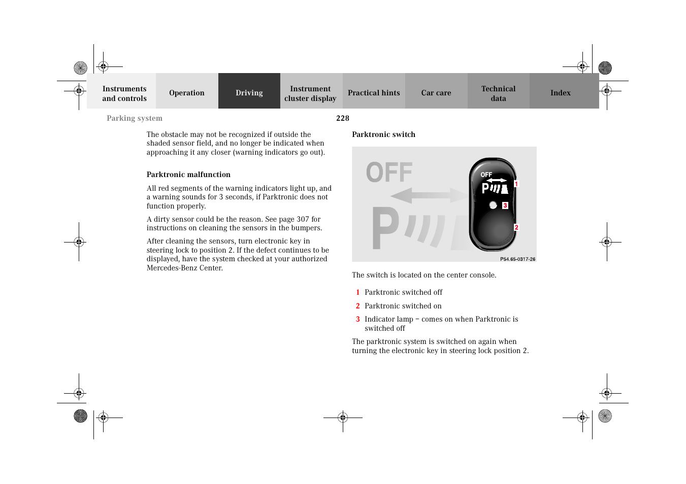 Parking assist (parktronic):malfunction, Parking assist (parktronic):parktronic switch | Mercedes-Benz 2002 E 55 AMG User Manual | Page 231 / 350