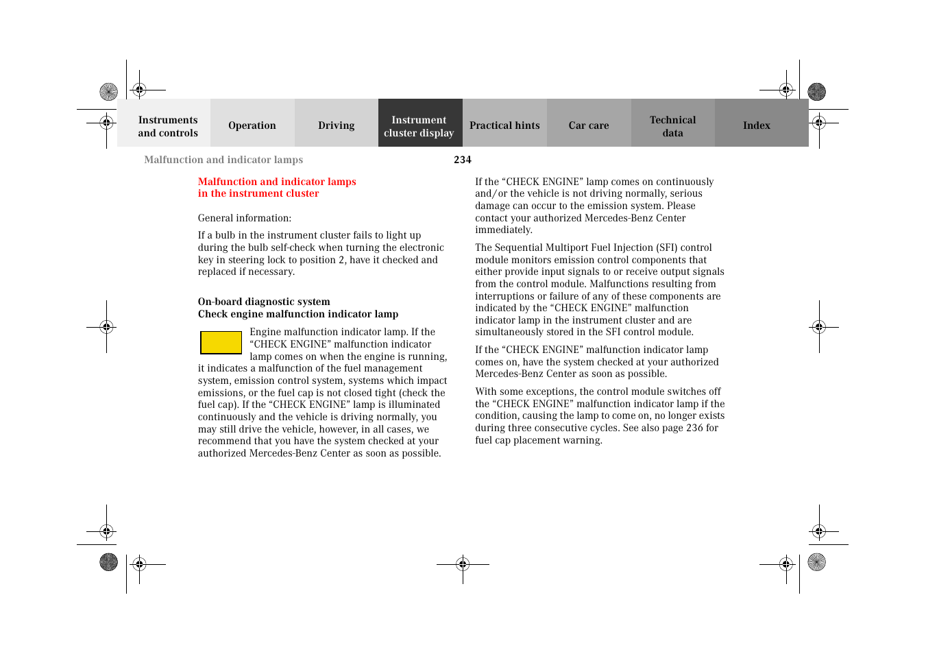 Instrument cluster display, On-board diagnostic system, Malfunction and indicator lamps | In the instrument cluster | Mercedes-Benz 2002 E 55 AMG User Manual | Page 237 / 350