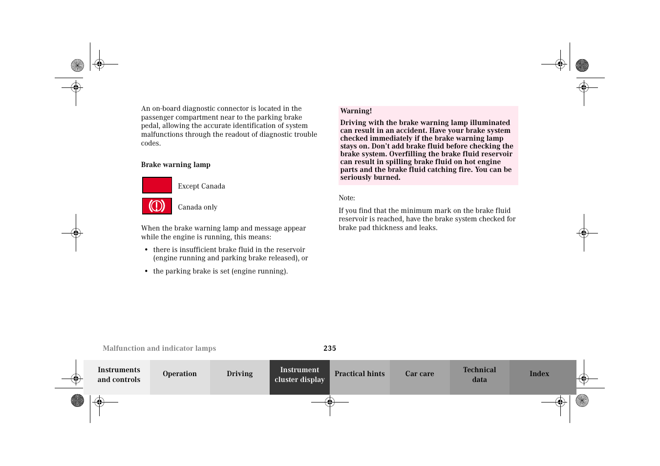Brake warning lamp | Mercedes-Benz 2002 E 55 AMG User Manual | Page 238 / 350