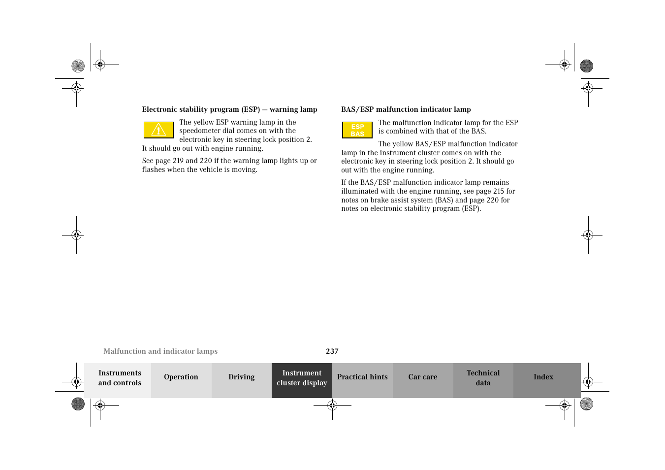 Electronic stability program (esp) — warning lamp, Bas / esp malfunction indicator lamp | Mercedes-Benz 2002 E 55 AMG User Manual | Page 240 / 350