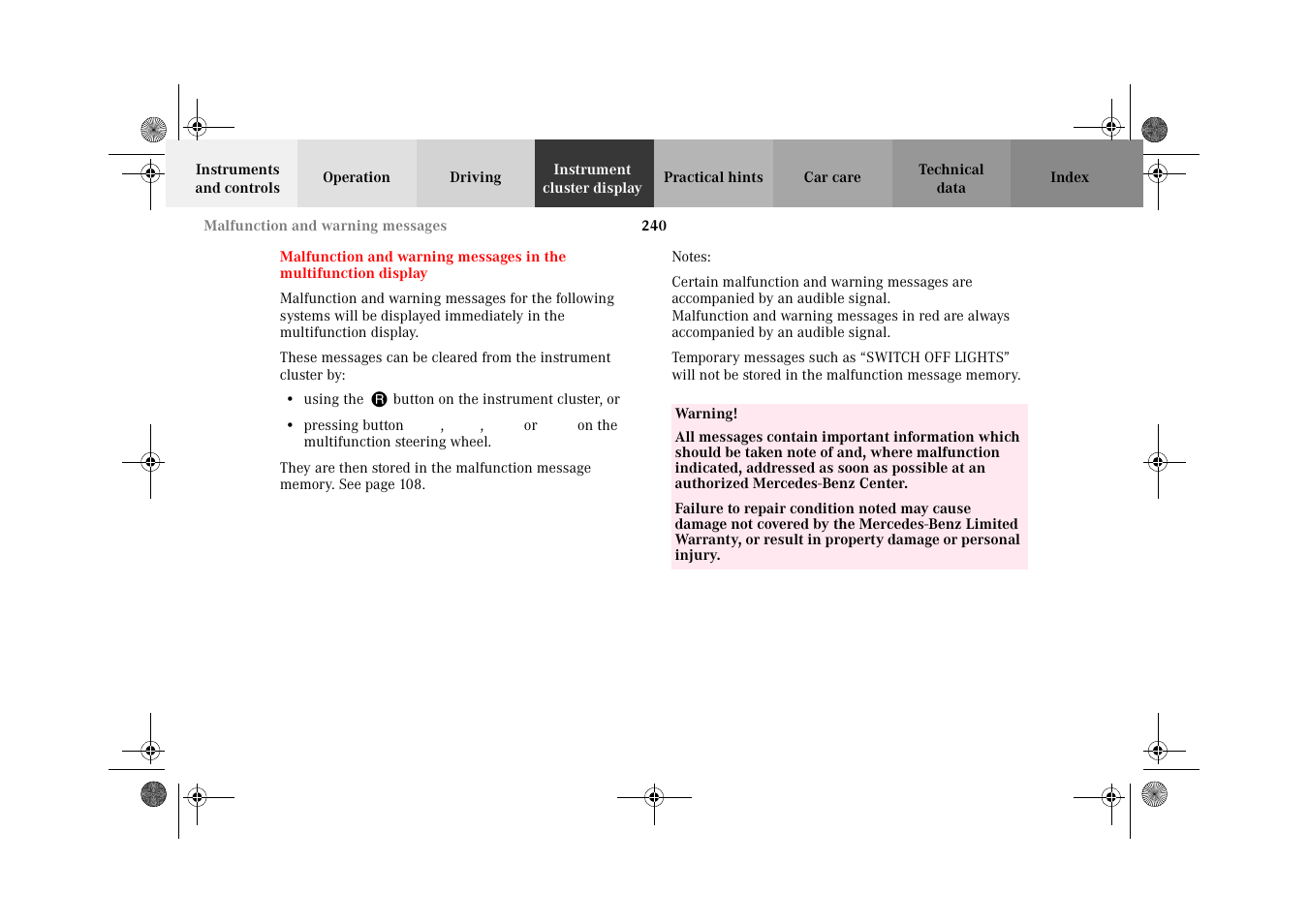 Malfunction and warning, Messages in the multifunction display | Mercedes-Benz 2002 E 55 AMG User Manual | Page 243 / 350