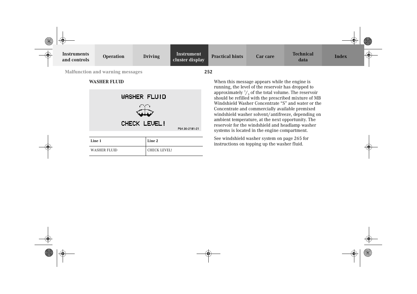 Washer fluid | Mercedes-Benz 2002 E 55 AMG User Manual | Page 255 / 350