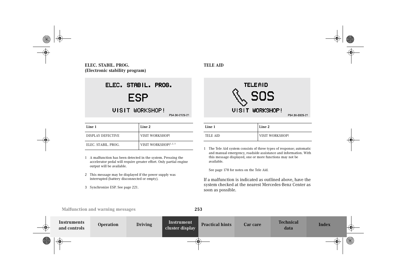 Elec. stabil. prog. (electronic stability program), Tele aid | Mercedes-Benz 2002 E 55 AMG User Manual | Page 256 / 350