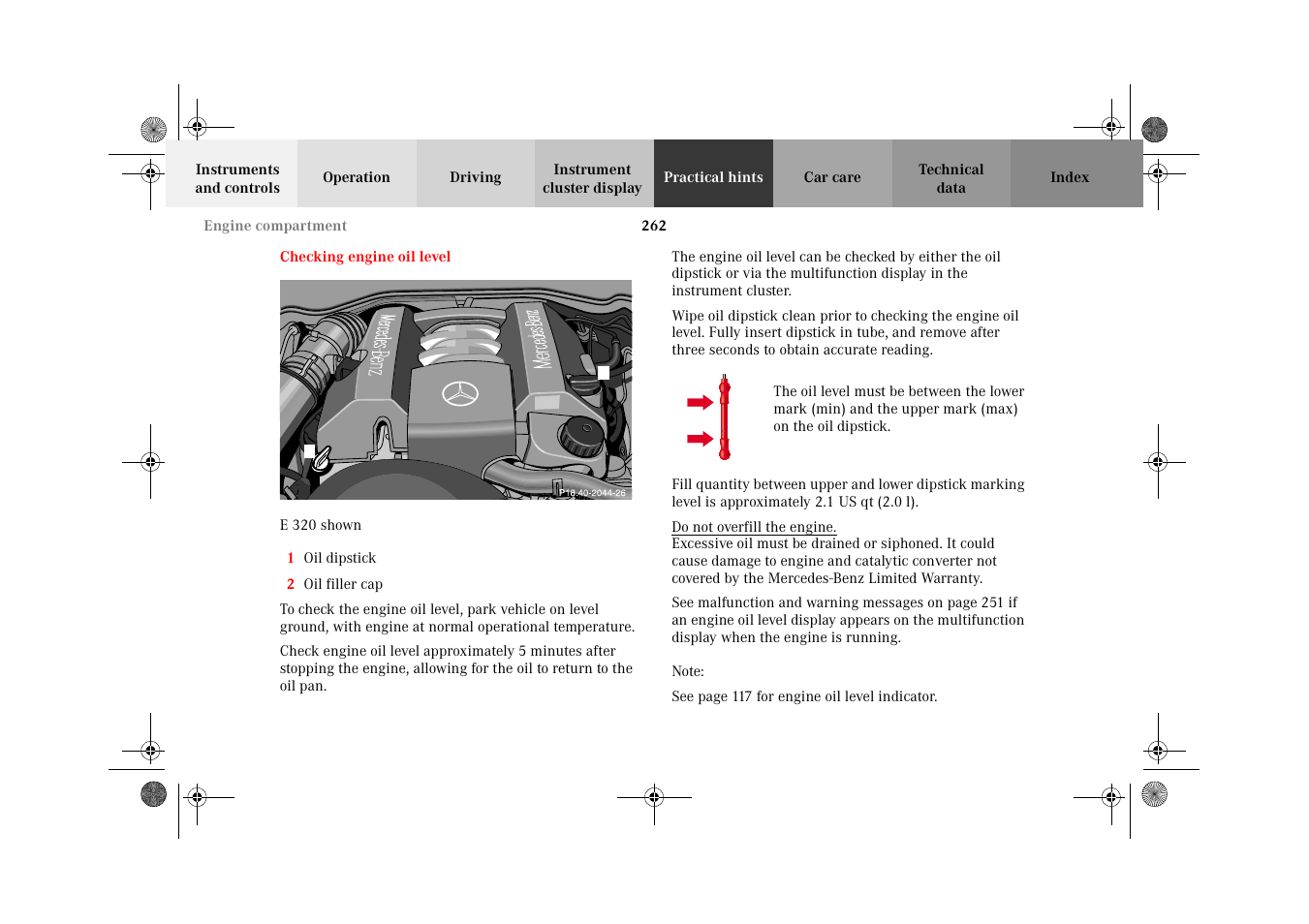 Checking engine oil level | Mercedes-Benz 2002 E 55 AMG User Manual | Page 265 / 350