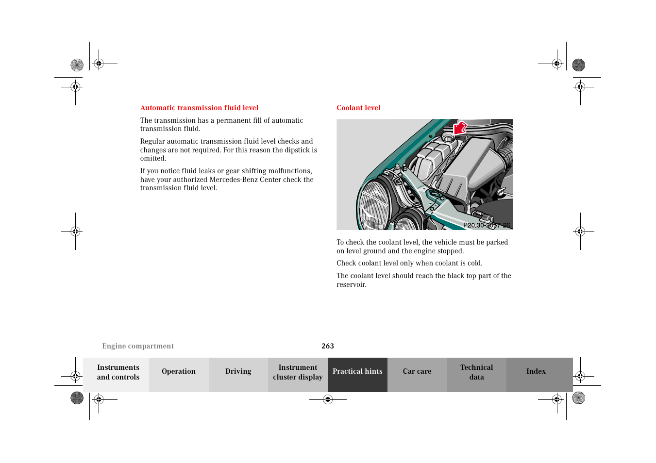 Automatic transmission fluid level, Coolant level, Automatic transmission | Fluid level | Mercedes-Benz 2002 E 55 AMG User Manual | Page 266 / 350