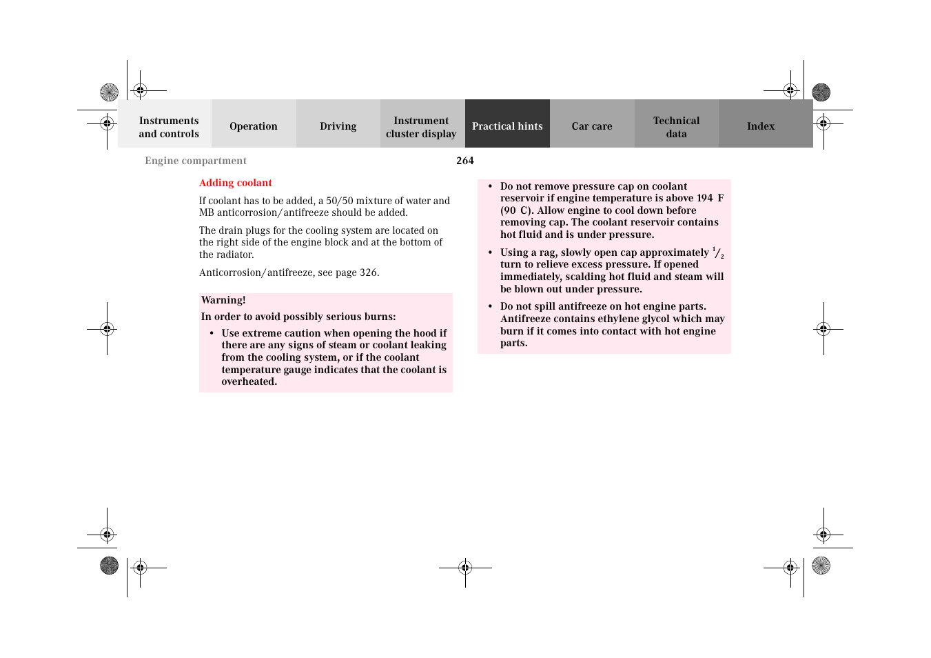 Adding coolant | Mercedes-Benz 2002 E 55 AMG User Manual | Page 267 / 350