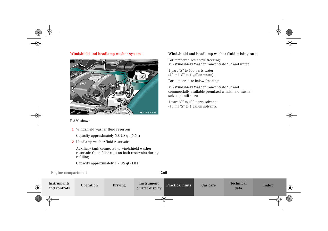 Windshield and headlamp washer system, Windshield and headlamp washer fluid mixing ratio, Windshield and headlamp | Washer system | Mercedes-Benz 2002 E 55 AMG User Manual | Page 268 / 350