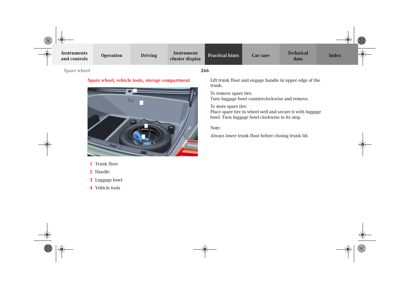 Spare wheel, Spare wheel, vehicle tools, Storage compartment | Mercedes-Benz 2002 E 55 AMG User Manual | Page 269 / 350
