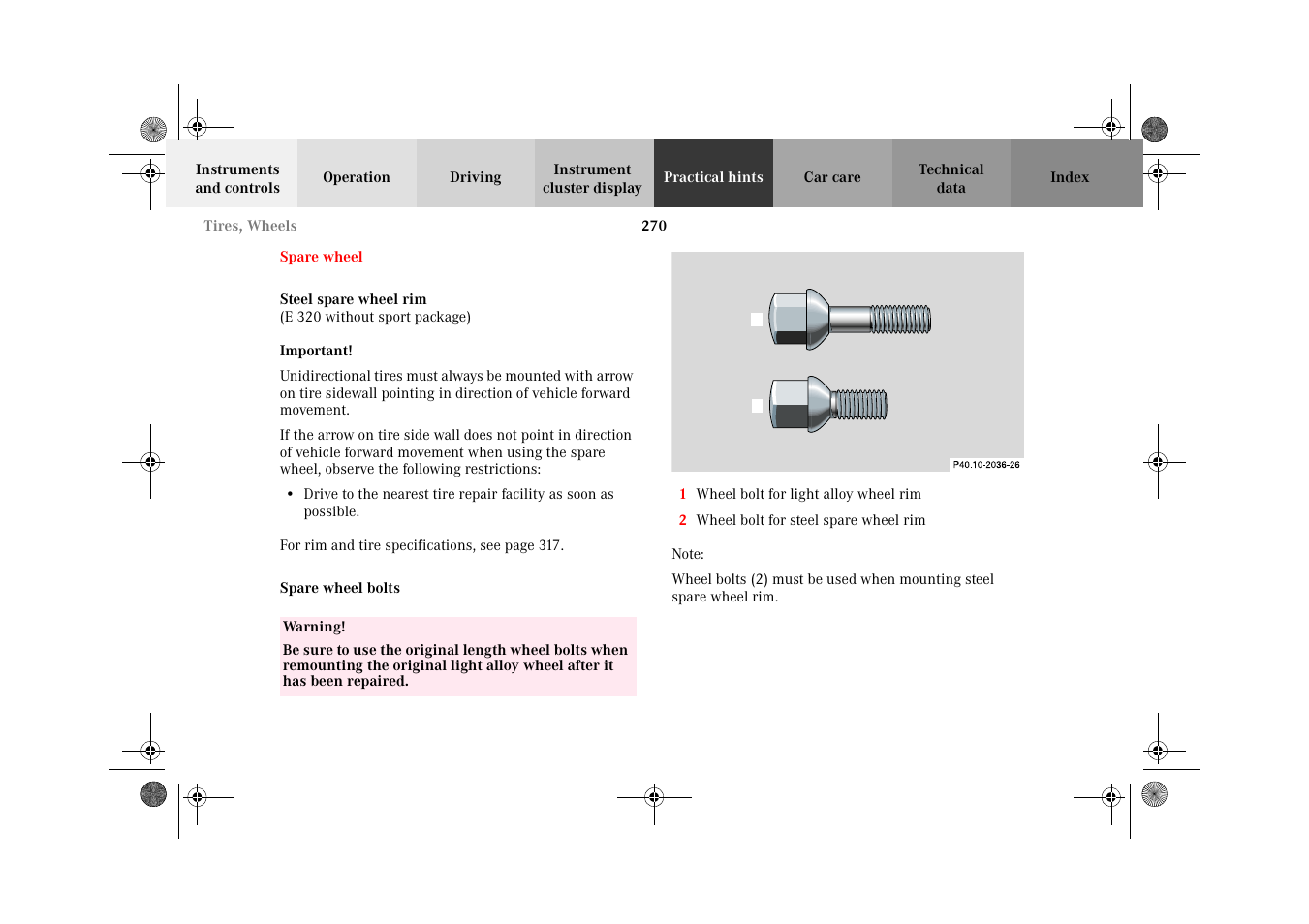 Spare wheel, Spare wheel bolts | Mercedes-Benz 2002 E 55 AMG User Manual | Page 273 / 350