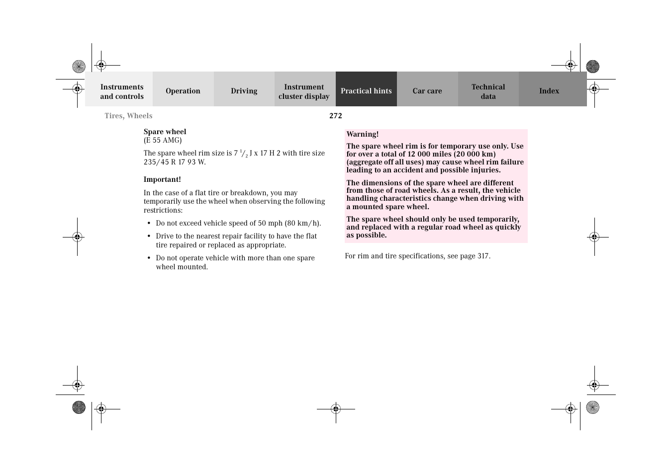Wheels:spare wheel | Mercedes-Benz 2002 E 55 AMG User Manual | Page 275 / 350