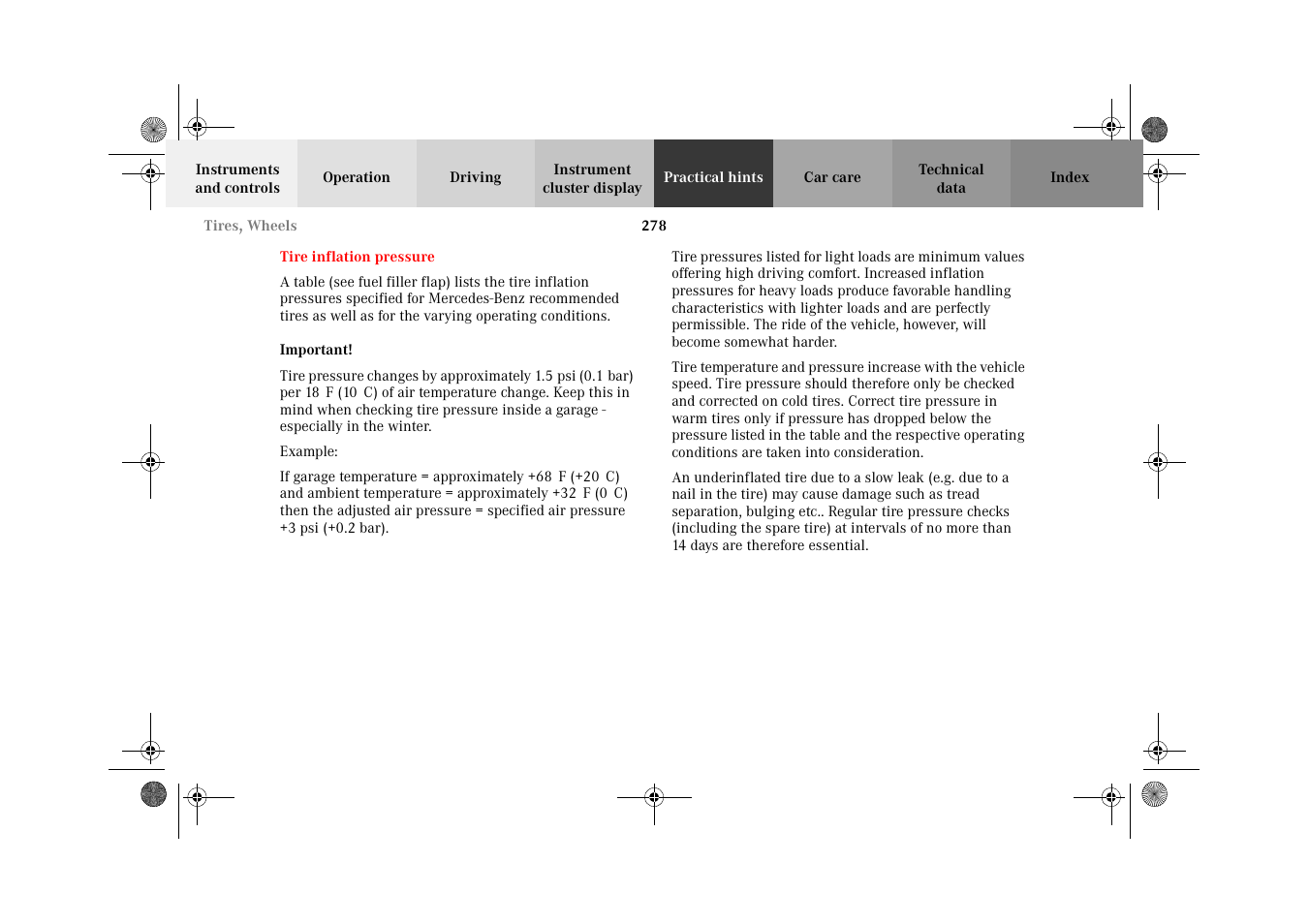 Tire inflation pressure | Mercedes-Benz 2002 E 55 AMG User Manual | Page 281 / 350