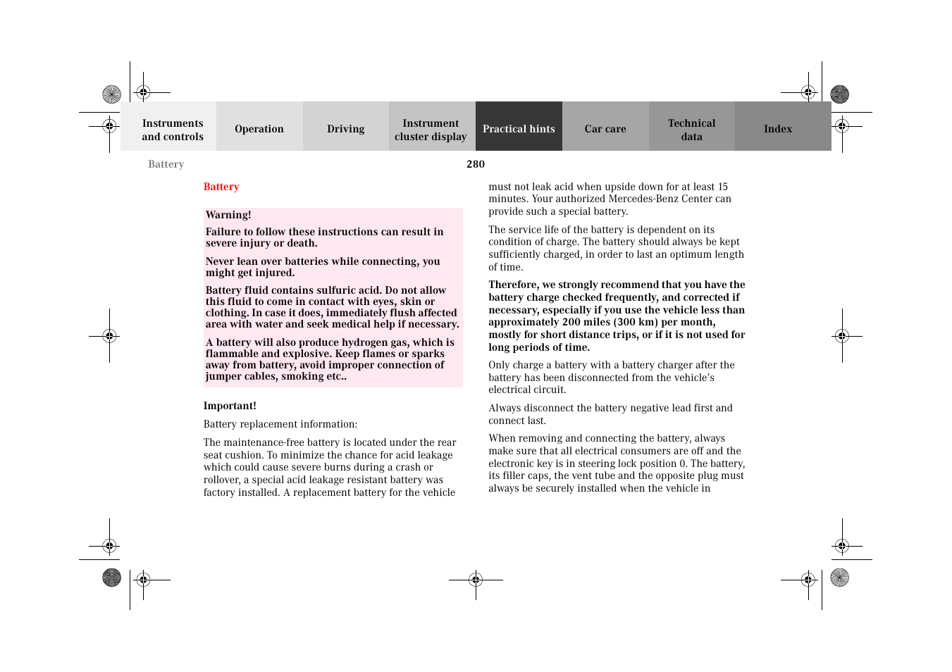 Battery | Mercedes-Benz 2002 E 55 AMG User Manual | Page 283 / 350