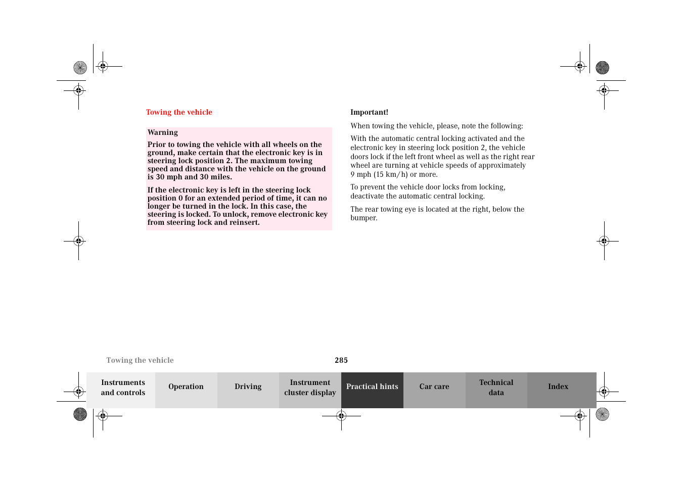Towing the vehicle | Mercedes-Benz 2002 E 55 AMG User Manual | Page 288 / 350