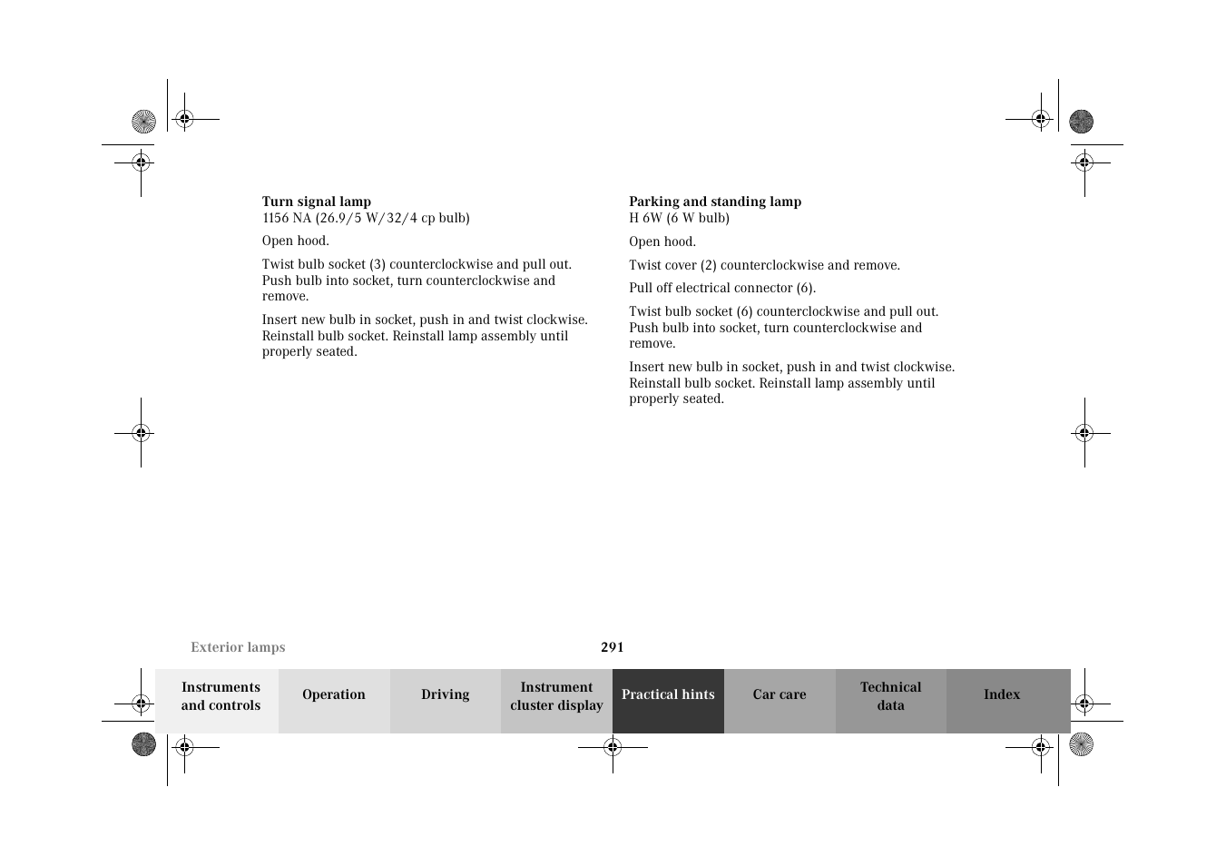 Exterior lamps:turn signal lamps, Exterior lamps:parking lamps | Mercedes-Benz 2002 E 55 AMG User Manual | Page 294 / 350