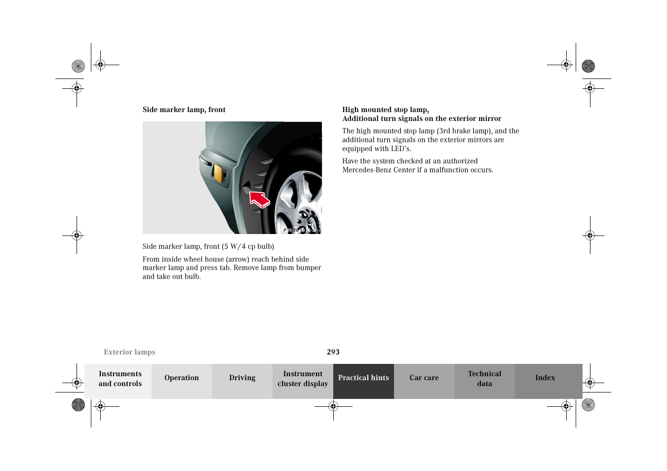 Exterior lamps:side marker lamp, front, Exterior lamps:high mounted stop lamp | Mercedes-Benz 2002 E 55 AMG User Manual | Page 296 / 350