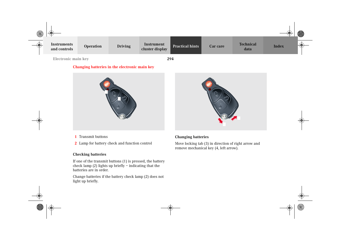 Electronic main key, Checking batteries, Changing batteries | In the electronic main key | Mercedes-Benz 2002 E 55 AMG User Manual | Page 297 / 350