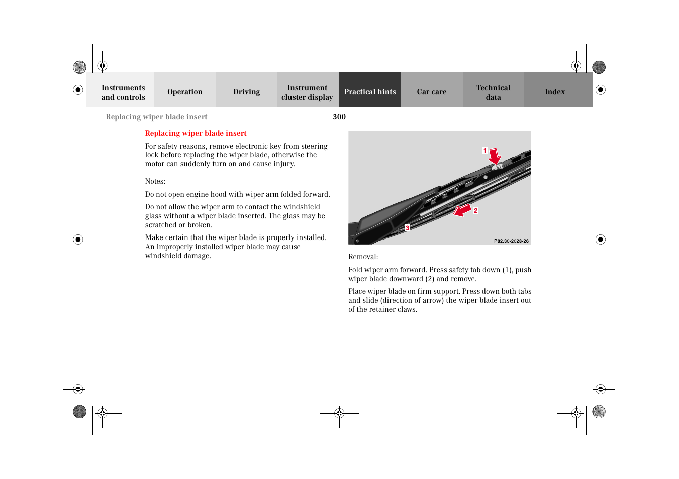 Replacing wiper blade insert | Mercedes-Benz 2002 E 55 AMG User Manual | Page 303 / 350