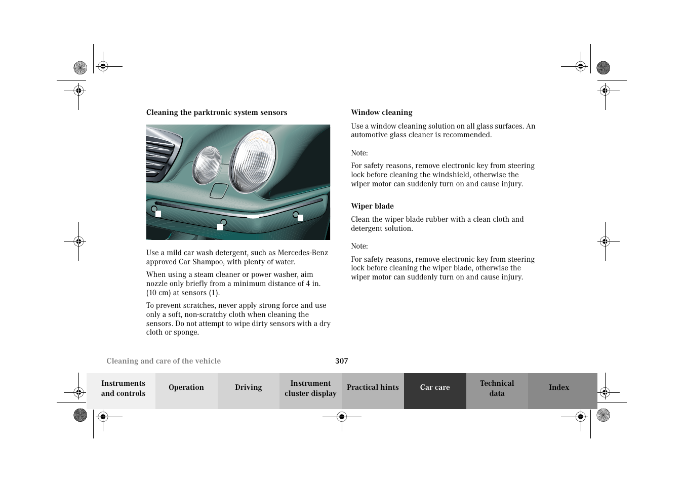Cleaning the parktronic system sensors, Window cleaning / glass sunroof, Wiper blades | Window cleaning / glass sunroof wiper blades | Mercedes-Benz 2002 E 55 AMG User Manual | Page 310 / 350