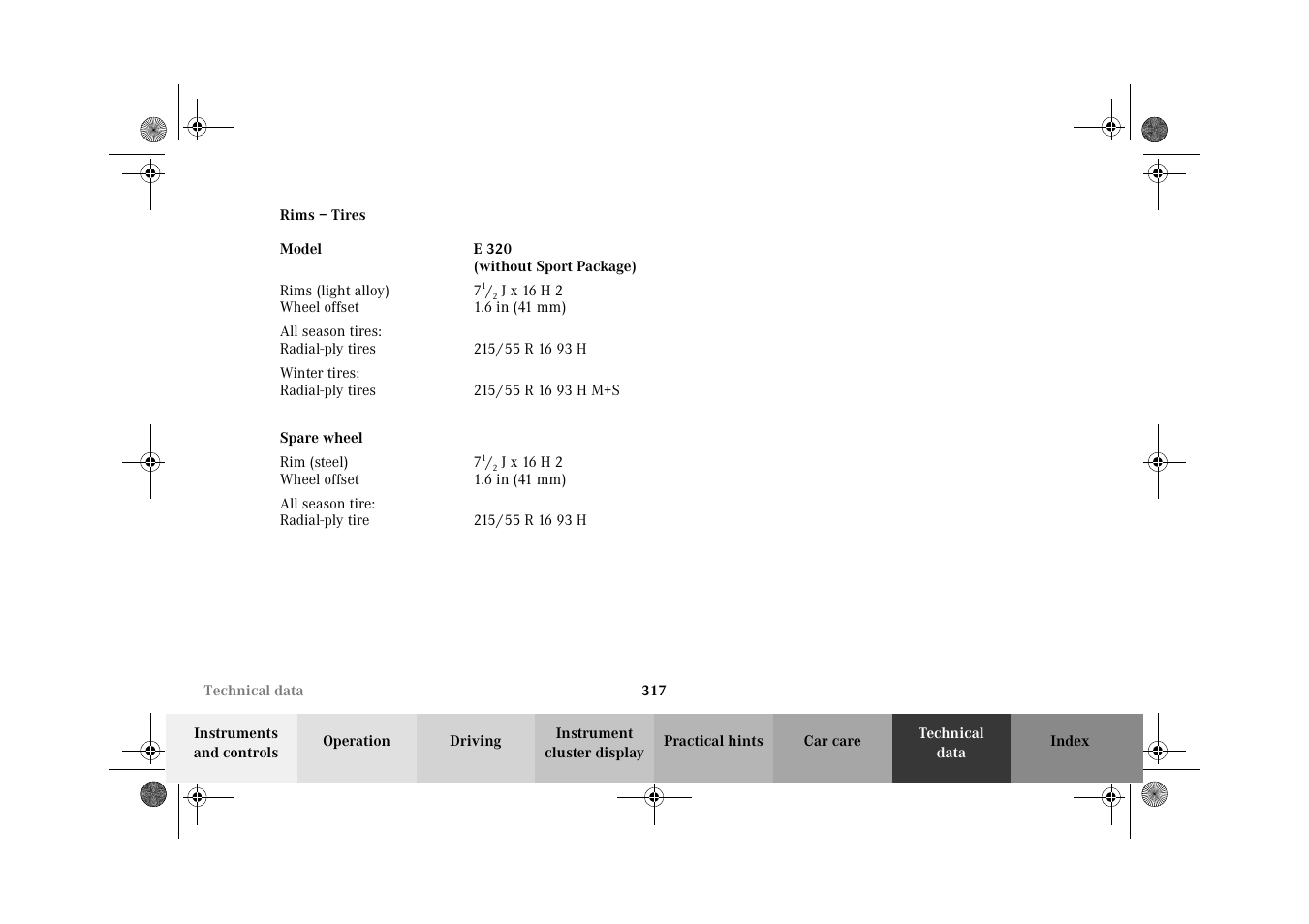 Technical data:rims and tires | Mercedes-Benz 2002 E 55 AMG User Manual | Page 320 / 350