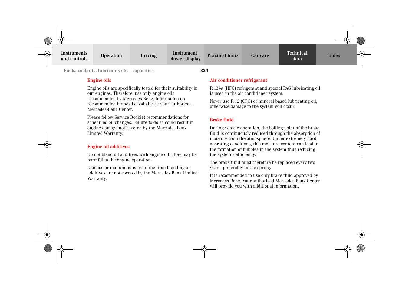 Engine oils, Engine oil additives, Air conditioner refrigerant | Brake fluid | Mercedes-Benz 2002 E 55 AMG User Manual | Page 327 / 350