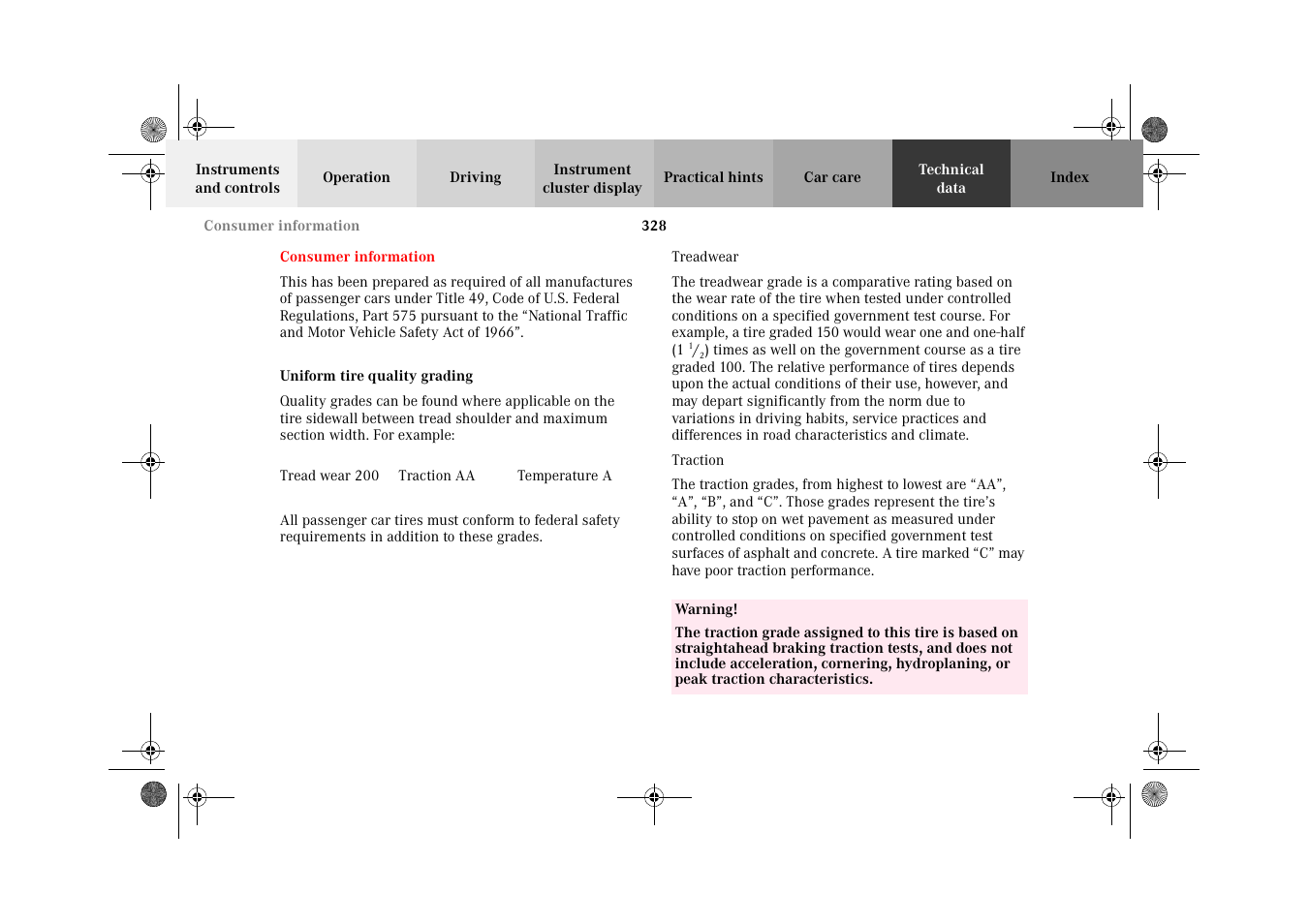 Consumer information, Uniform tire quality grading | Mercedes-Benz 2002 E 55 AMG User Manual | Page 331 / 350