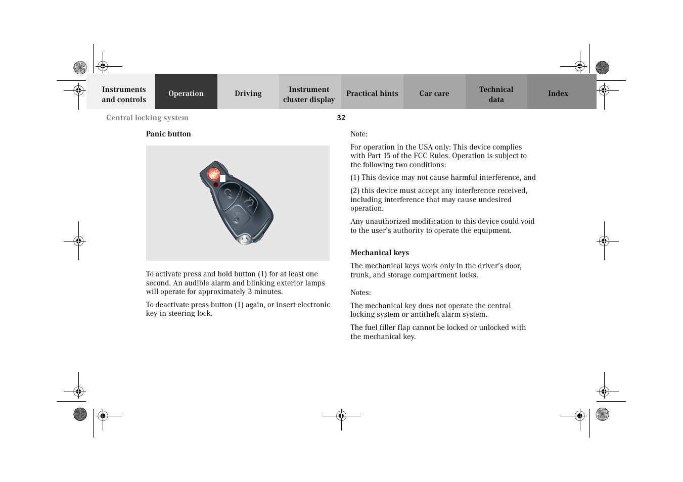 Panic button, Mechanical keys, Panic button mechanical keys | Mercedes-Benz 2002 E 55 AMG User Manual | Page 35 / 350
