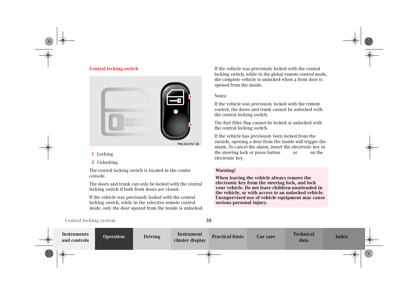 Central locking switch | Mercedes-Benz 2002 E 55 AMG User Manual | Page 38 / 350