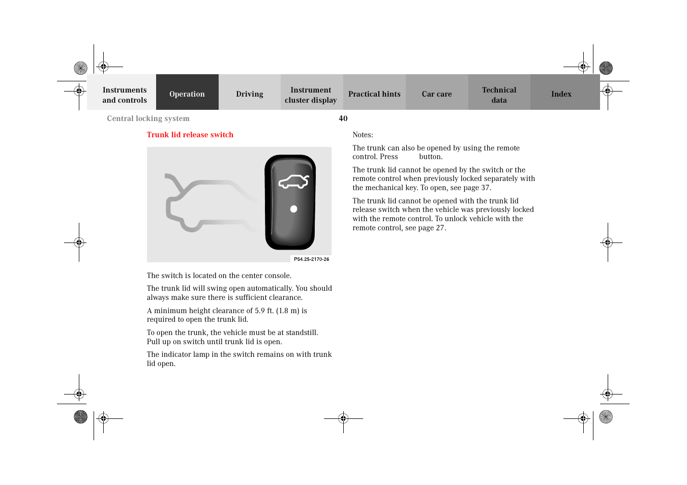 Trunk lid release switch | Mercedes-Benz 2002 E 55 AMG User Manual | Page 43 / 350