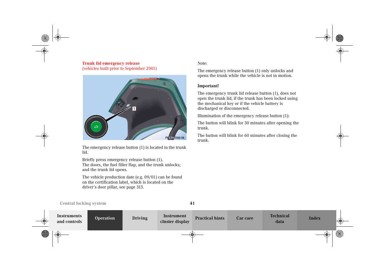 Trunk lid emergency release | Mercedes-Benz 2002 E 55 AMG User Manual | Page 44 / 350