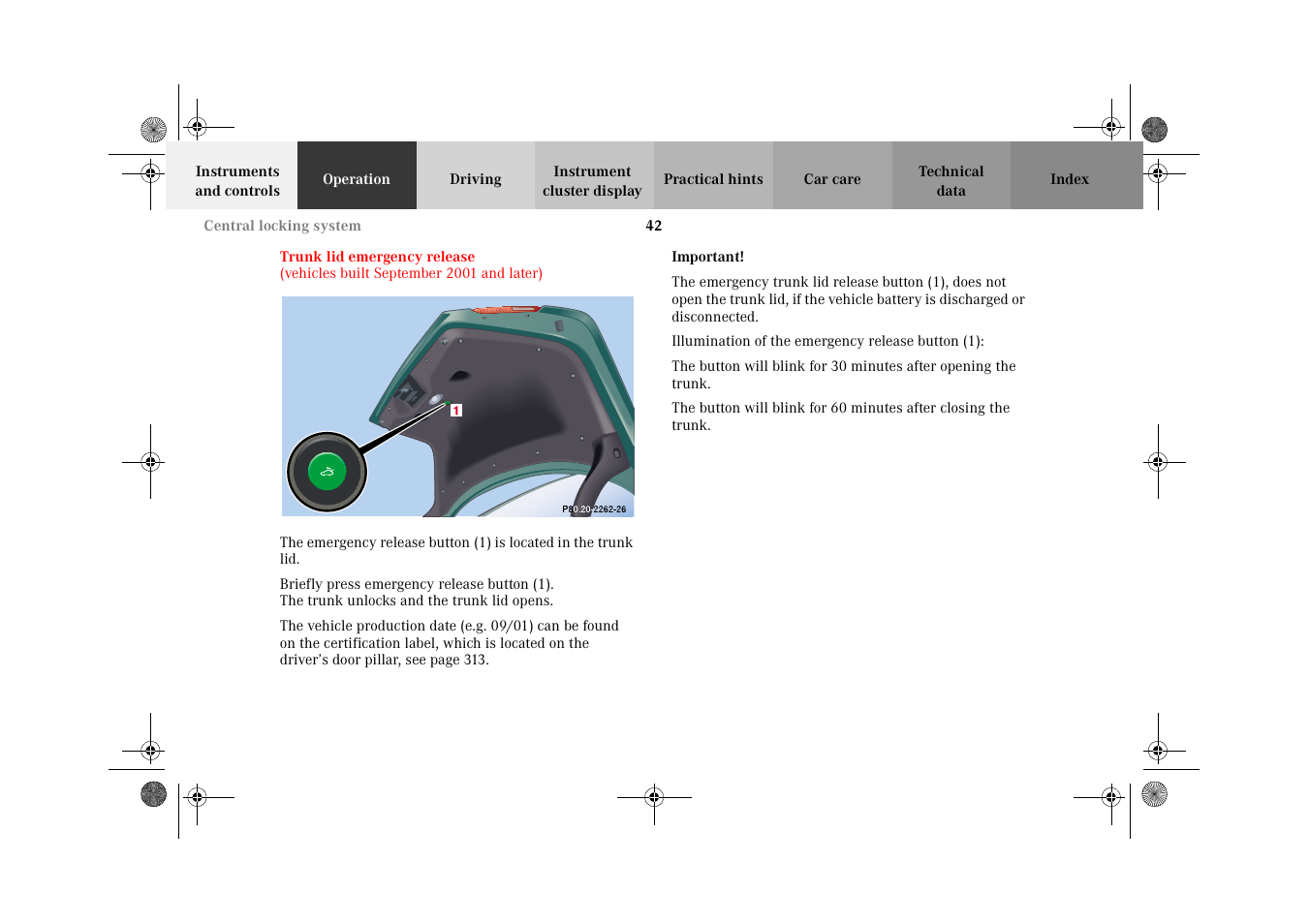 Trunk lid emergency release | Mercedes-Benz 2002 E 55 AMG User Manual | Page 45 / 350