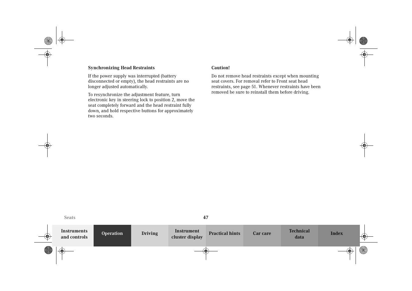 Head restraints:synchronizing | Mercedes-Benz 2002 E 55 AMG User Manual | Page 50 / 350