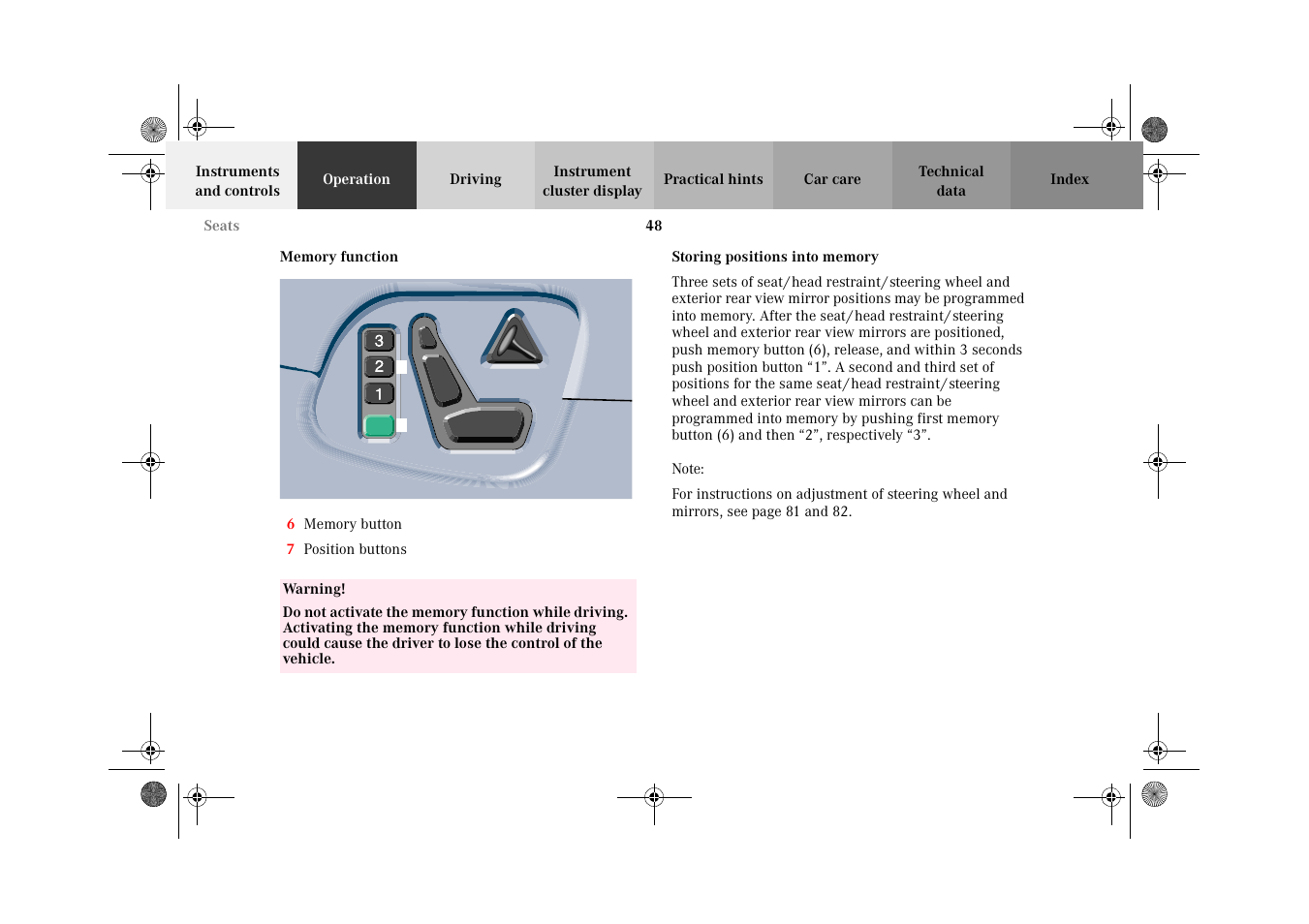 Seats:memory function, Memory:storing | Mercedes-Benz 2002 E 55 AMG User Manual | Page 51 / 350