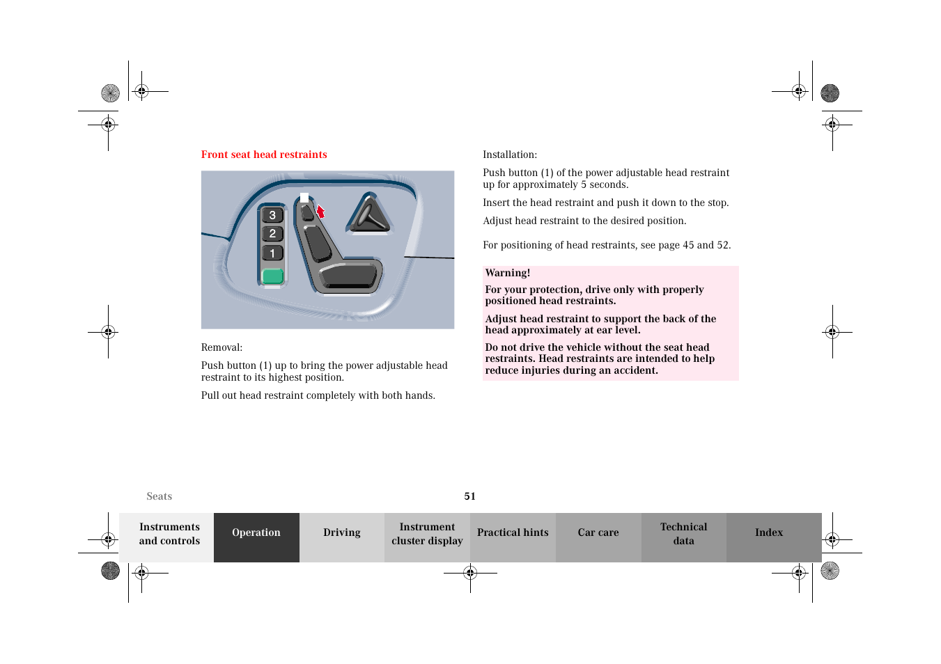 Front seat head restraints | Mercedes-Benz 2002 E 55 AMG User Manual | Page 54 / 350