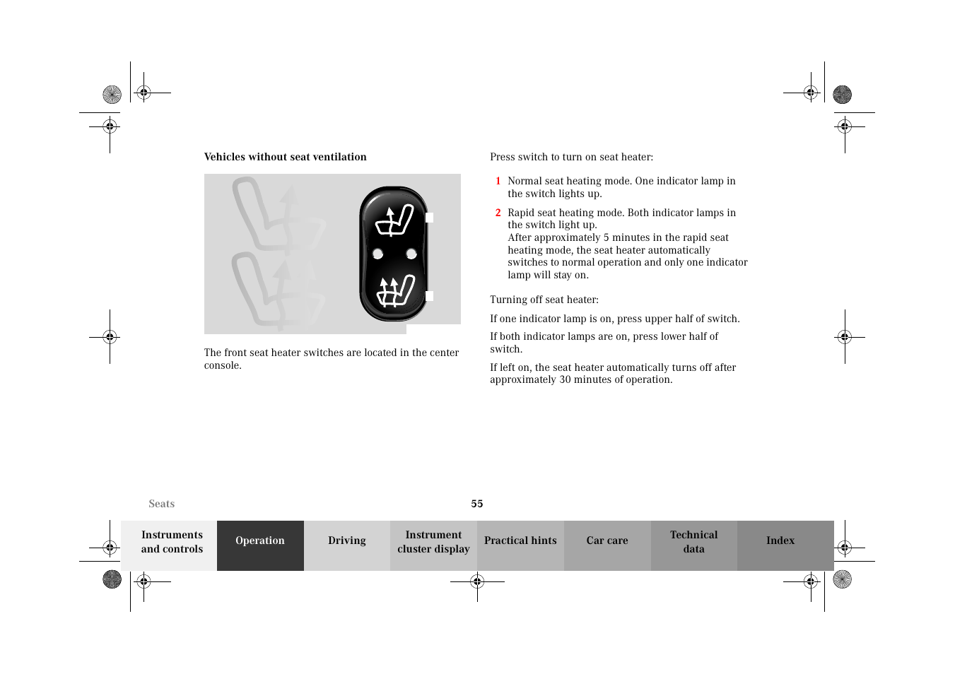 Seat heater:vehicles without seat ventilation | Mercedes-Benz 2002 E 55 AMG User Manual | Page 58 / 350